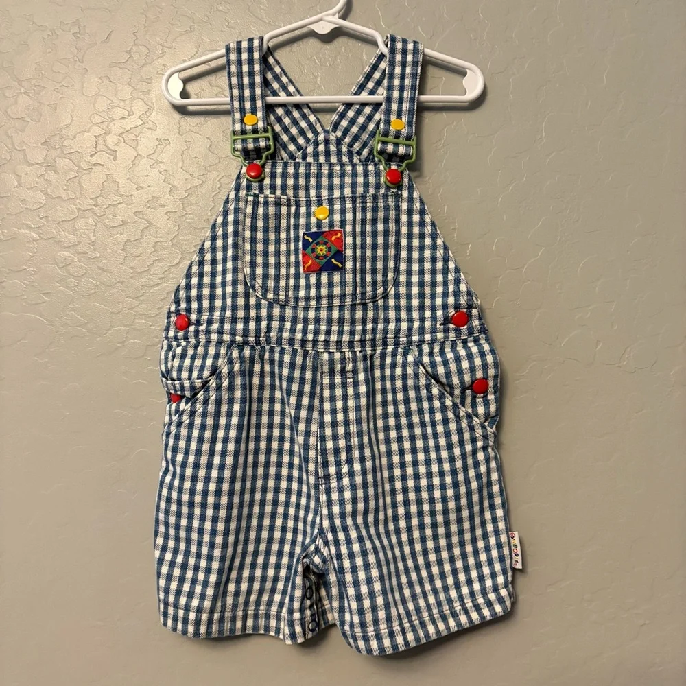 Gymboree rainbow tag vintage blue white plaid check sun shortalls overalls small